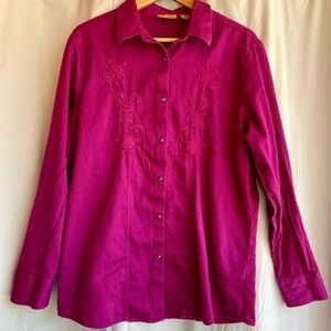 Wrangler Western Pearl Snap Embroidered Shirt Longsleeve Magenta Women L Cotton
